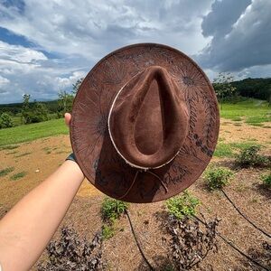 Brown Floral Hand Burned Hat